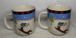 Set of 2 Snowmen Sledding Skiing Coffee Tea Mug  3&quot; x 3 3/4&quot; Winter Fun - $17.75