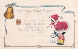 New Year Wishes Bell Border Little Girl in Red w White Puppy Dog Postcard D59 - £4.73 GBP