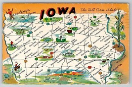 Iowa Map The Tall Corn State Greetings Marion to Parker Indiana Postcard D30 - £4.74 GBP