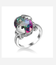 SILVER IRIDESCENT GEMSTONE COCKTAIL RING SIZE 5 6 7 8 9 10 11 - £31.35 GBP