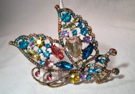 Vintage Huge Multi Colored Rhinestone Butterfly Brooch Pin K1171 - £42.69 GBP