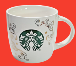 Starbucks White Holiday Green Mermaid Siren Gold Accent Coffee Mug 14oz - £9.50 GBP