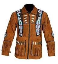 Bestzo Mens Eagle Beaded Indian War Brown Leather Jacket L - £111.71 GBP