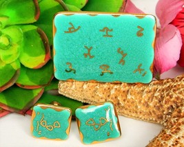 Vintage Southwestern Brooch Pin Earrings Set Ariglo Enamel Ceramic - £22.41 GBP