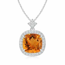 ANGARA Vintage Inspired Cushion Citrine Halo Pendant in 14K Gold | 18&quot; Chain - £991.13 GBP