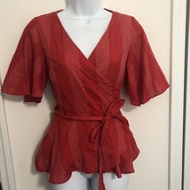 Loft Ann Taylor Dobby Stripe Wrap Peplum Top XS Red White Flutter Sleeve... - $20.32