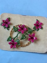 Vintage Demi Hot Pink Enamel w Red Rhinestone Center Flower Pin Brooch &amp; Clip - £18.58 GBP