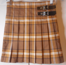 Pleated Mini Skirt XS (1) Brown Tartan Plaid Buckle Accent Academia 90s ... - £12.50 GBP