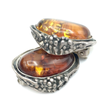 ARTISAN amber &amp; sterling silver clip-on earrings - 1&quot; oval cabochon inclusions - $30.00