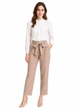 Queen Letizia Inspired White Pintuck Blouse &amp; Beige Self-Tie High-Waiste... - $119.99