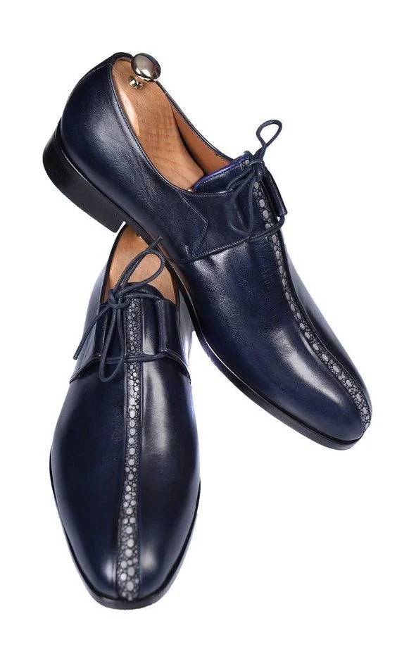 Handmade Navy Blue Stingray Men Shoes - $149.99