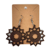 Sunflower Mandala Hook Earrings - Handmade Laser Cut Wood Dangle - 1 Pair - £7.90 GBP