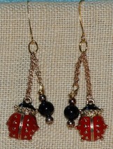 Handcrafted Enamel Ladybug and Onyx Dangling Earrings OOAK - £11.99 GBP