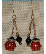Handcrafted Enamel Ladybug and Onyx Dangling Earrings OOAK - £11.99 GBP