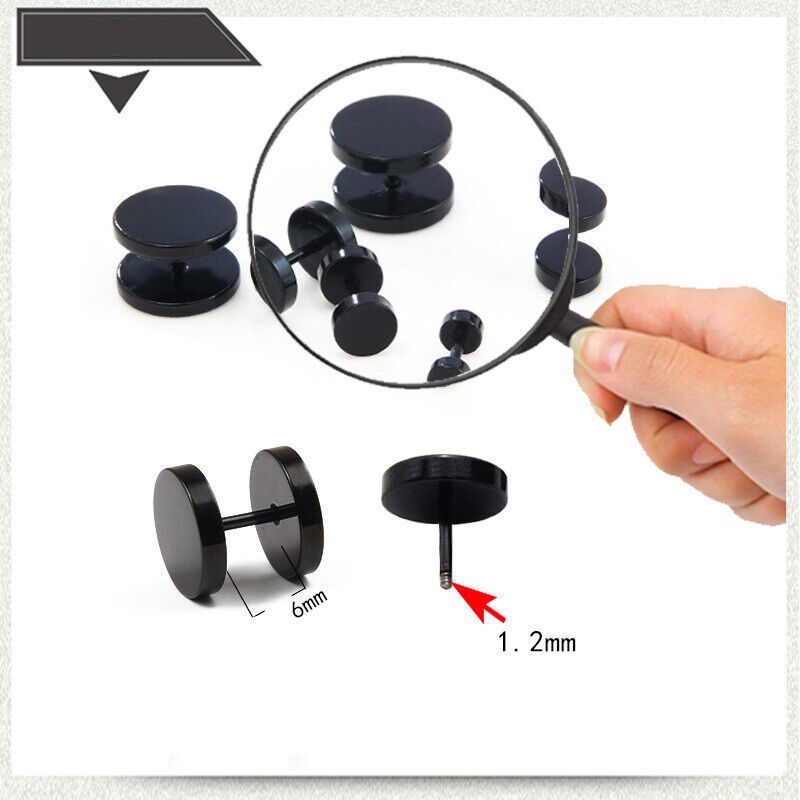2pc Black Stud Earrings Men Women Faux Gauges Ear Tunnel Stainless Steel Earring