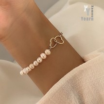 Stainless Steel Hear Splicing Pearl Bracelets For Woman in Korean Fashion Jewelr - £14.05 GBP