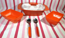 1960&#39;s MoD Orange 6pc Hostess Set Plastic Serving Dish w/ Lid, 2 Bowls &amp; Spoons! - £15.86 GBP