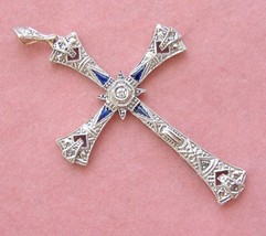 Antique Art Deco .05ctw Diamond Sapphire Platinum 1-13/16” Cross Pendant 1930 - £625.56 GBP