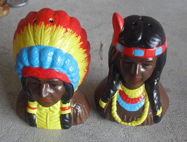 Vintage Ceramic Indian Chief and Woman Bust Salt Pepper Shakers 3 1/2&quot; Tall - £17.55 GBP