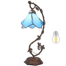 Tiffany Lamp Blue Stained Glass Table Lamp, Metal Leaf Table Desk Reading Light  - £151.83 GBP