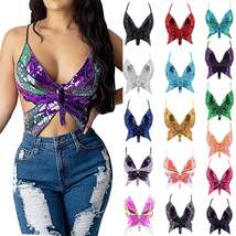 Y2k Butterfly Sequin Crop Top Women Summer Backless V Neck Sexy Club - £34.91 GBP