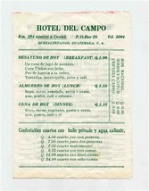 Hotel Del Campo Breakfast Lunch Dinner Menu &amp; Bar List Quetzaltenango Gu... - $21.78