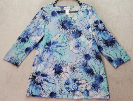 Alfred Dunner Blouse Womens Medium Blue Floral Semi-Sheer Long Sleeve Round Neck - $16.66