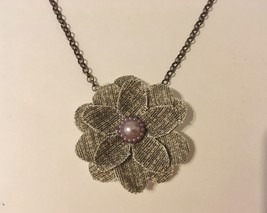 Flower Pendant Chain Necklace Unique Handmade Fabric Floral Pearl Pink G... - $40.00