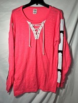 Victoria&#39;s Secret PINK M Pink Long Sleeve Lace Up T-Shirt PINK mascot on... - $21.22