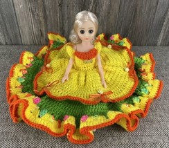Vtg Handmade Doll Crochet Yellow Dress, Ribbons, Flowers, Bed Pillow 14&quot; - £26.02 GBP