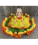 Vtg Handmade Doll Crochet Yellow Dress, Ribbons, Flowers, Bed Pillow 14&quot; - £26.11 GBP