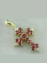 14k Yellow Gold Plated 2.Ct Simulated Red Ruby & Diamond Cross Pendant Necklace - £67.65 GBP