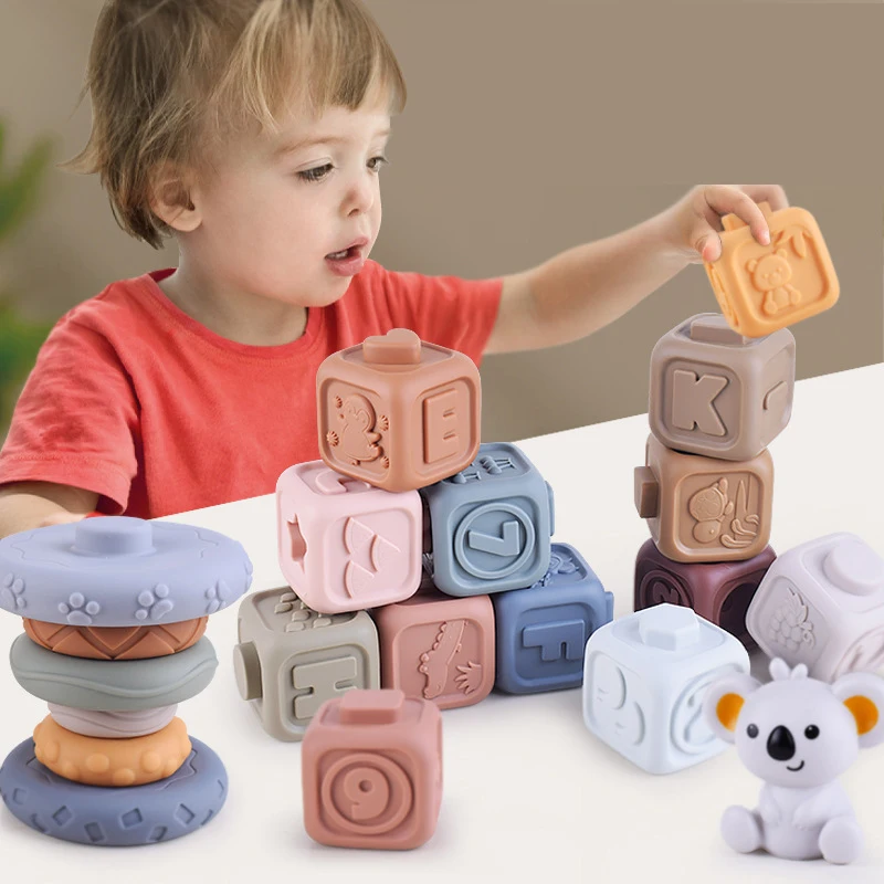 Silicone Build Block Baby Teether Toys For Babies From 0 12 Months Kids Stacking - £13.43 GBP+