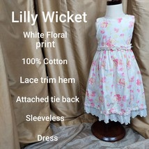 Lilly Wicket White Floral Print Cotton Tie Back Lace Trim Dress Size 5T - £6.29 GBP
