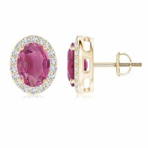 Pink Tourmaline Oval Earrings with Diamond Halo in 14K Gold (Grade-AAA , 8x6MM) - £1,480.17 GBP