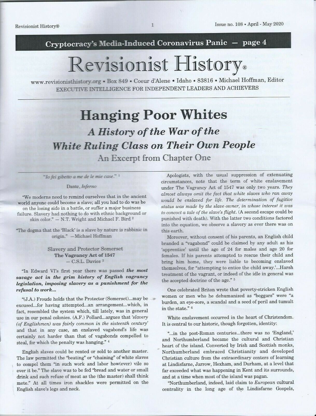 REVISIONIST HISTORY No.108 Hanging Poor Whites Newsletter Michael Hoffman - $9.99