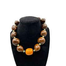 Brown and Orange Beaded Necklace with Green Spacer Beads 16 inch - £15.12 GBP