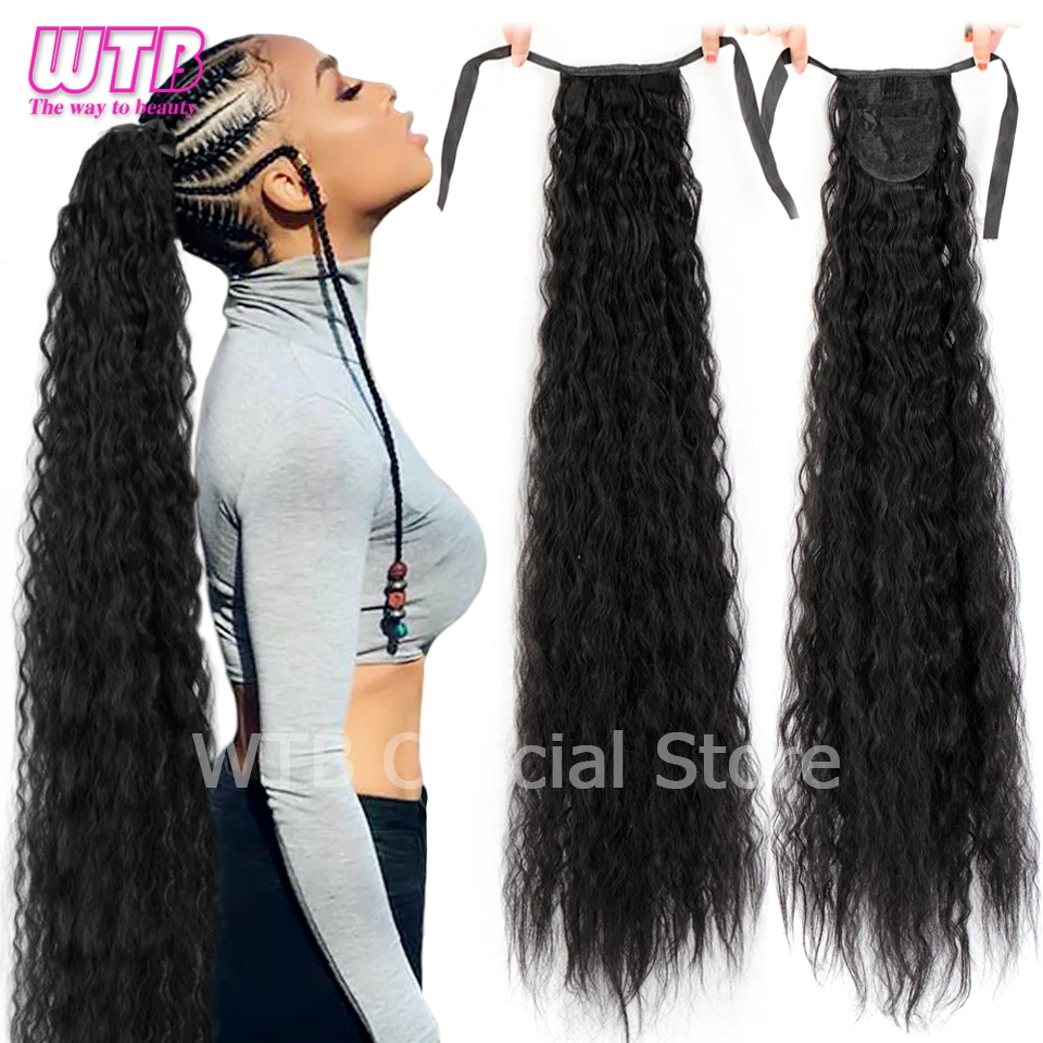 Tic long corn wavy ponytail natural drawstring ribbon fake hair black pony tail clip in thumb200