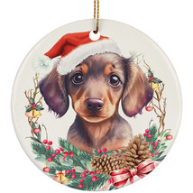 Funny Dachshund Puppy Dog Santa Hat Flower Wreath Christmas Ornament Gift Decor - £11.80 GBP