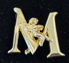 Vintage Razza Gold Tone Monogram Letter M Guardian Angel Brooch Pin Cher... - $11.41
