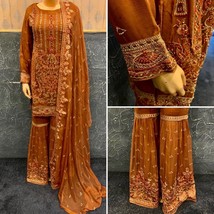 Pakistani Rust BrownStraight Style Embroidered Sequins Chiffon Gharara Suit,M - £105.13 GBP