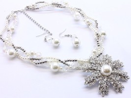 White glass bead big crystal flower necklace earring set wedding or Christmas  - £12.65 GBP