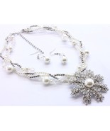 White glass bead big crystal flower necklace earring set wedding or Chri... - $15.83