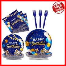 Elegant 96 Pcs Blue &amp; Gold Birthday Tableware Set for 24 Guests -  Quality - $595.33 MXN