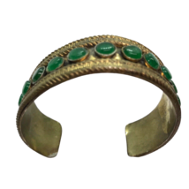 Vintage Bracelet Boho Cuff Brass Metal Green Glass Modernist Artisan India - £23.73 GBP