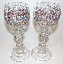 Vintage Pair Fritz Heckert Art Glass Face Blue Bird Enamel 7 1/4&quot; Wine Glasses - £243.17 GBP