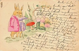 RABBITS-COLORFUL-MUSHROOM-COLOR EGGS~1903 Embossed Easter Swiss Postcard - £6.09 GBP