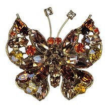 Vintage REGENCY Butterfly Brooch Aurora Borealis Citrine Rhinestones Brown Orang - £103.44 GBP