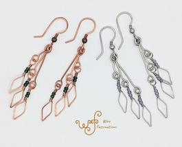 Handmade copper or stainless steel earrings: long leaf dangles with glass beads - £24.74 GBP