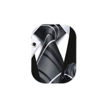 HISDERN Stripe Ties for Men Set Gray and Black Men&#39;s Ties Handkerchief Cufflinks - $23.74